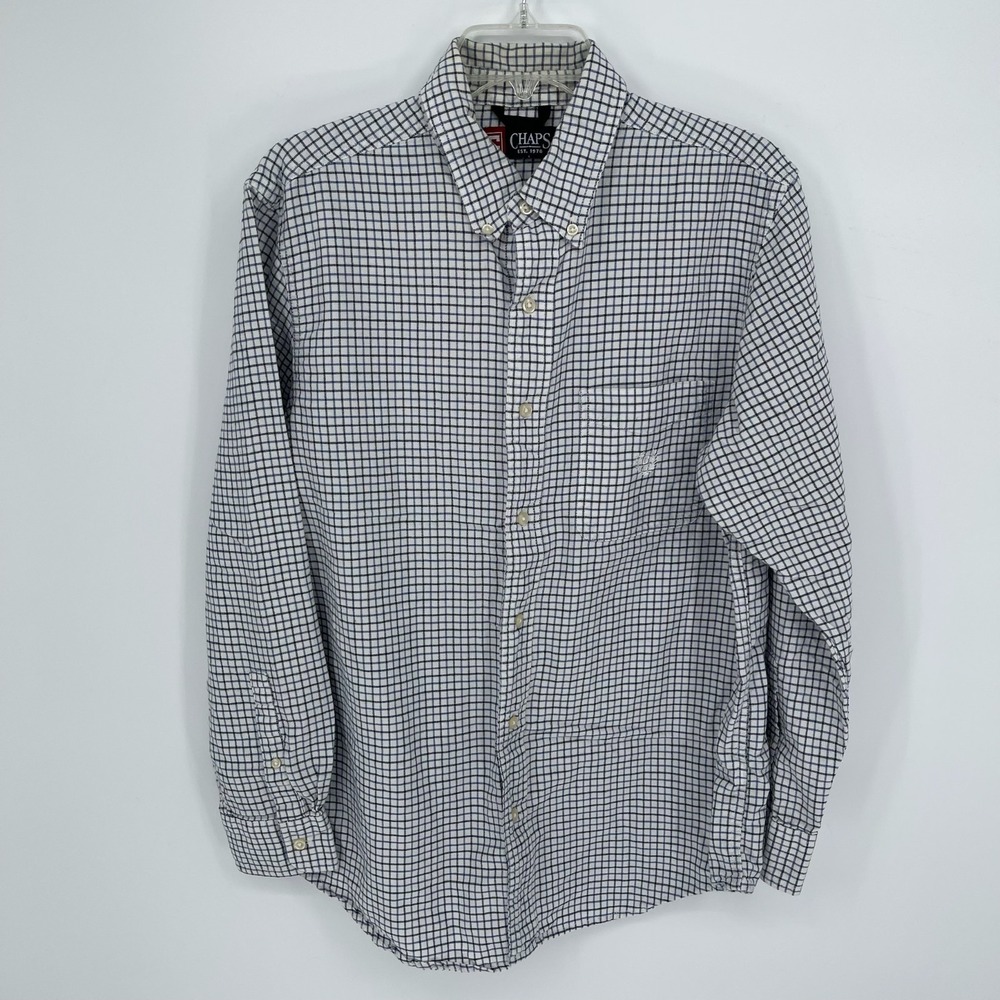 Chaps Men's White Blue Plaid Long Sleeve Button Down Shirt Size Medium